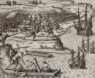 Luta entre Cristóvão Colombo e Francesco Poresio na Jamaica, gravada por Theodor de Bry (1528-1598)