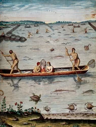Técnicas de pesca dos nativos da Virgínia, gravura de Theodor de Bry (1528-1598) de Admiranda narratio trust tamen, commodis et de incolarvm ritibvs Virginae