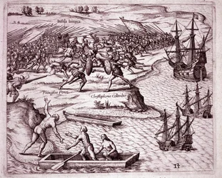 Quarta viagem de Cristóvão Colombo na ilha da Jamaica em 1503 (Gravura