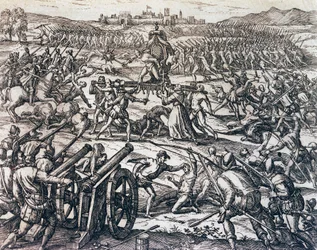 As tropas de Francisco Pizarro (cerca de 1475-1541) capturando o Imperador Inca Atahualpa durante a Batalha de Cajamarca, 16 de novembro