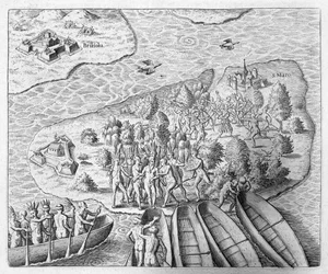 Hans Staden capturado por índios tupinambás durante sua viagem ao Brasil em 1552, de Newe Welt und Americanische Historien, de Johann Ludwig Gottfried, publicado por Mattaeus Merian, Frankfurt, 1631