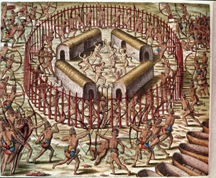 História da América: "An Indian Village of Virginia" Gravura de "Admirante Narratio Americae" de Theodore de Bry (1528-1598)