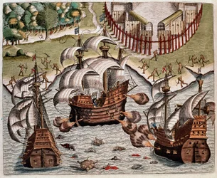 História da América: "Batalha entre as frotas portuguesas e as frotas francesas ao largo da costa brasileira nos mares Potiguaranos" Recito das viagens de Hans Staden, explorador alemão que partiu com as frotas espanholas para o Brasil, capturado pelo Tupi