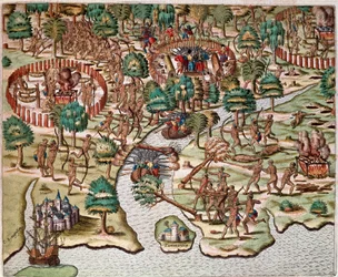 História da América: "Descrição dos métodos de cerco e ataque, índios lutando contra armees espanhóis" Recito do cativeiro de Hans Staden, explorador alemão que partiu com as frotas espanholas para o Brasil, capturado pelos índios Tupinamba. Gravura de "Am