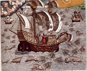 História da América: "Viagem de caravelas espanholas rodeadas de peixes voadores" Recito das viagens de Hans Staden, explorador alemão que partiu com as frotas espanholas para o Brasil, capturado pelos índios Tupinamba. Gravura de "Americae tertia pars mem