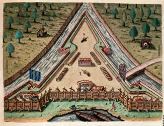 História da América: "Life of Fort Carolina, Bastion of Carolina" "Engraving from "Admirante Narratio Americae" de Theodore de Bry (1528-1598) depois de um desenho de Jacques le Moyne (de Morgues) (1533-1588)