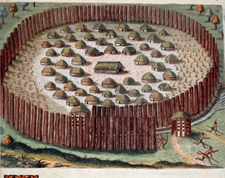 História da América: "Representação de uma aldeia indígena fortificada na Flórida" Gravura de "Admirante Narratio Americae" de Theodore de Bry (1528-1598)