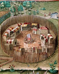 História da América: "Representação da cidade fortificada Pomeiock ou Pomeiooc na Virgínia em 1585" Gravura de "Admirante Narratio Americae" de Theodore de Bry (1528-1598)
