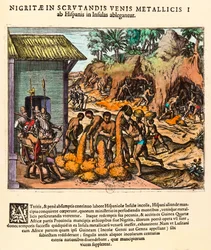História da América: Os espanhóis exploram minas de ouro. Os índios trabalham diante dos olhos dos colonos. Gravura de Theodore de Bry (1528-1598). Coleção privada do século XVI.