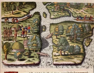 História da América: "Os franceses da expedição de Jean Ribault (ou Ribaut) estabelecidos em Charlesfort (Fort Carolina) fornecem comida aos índios da Flórida, os jacarés estão representados nos rios" Gravura do "Admirante Narratio Americae" (História o