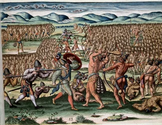 História da América: "Os soldados do Chefe Outina (ou Olata Utina) lutando, usando os franceses da expedição de Jean Ribault (ou Ribaut), as tribos inimigas de Potanou" Gravação de "Admirante Narratio Americae" (História das Américas) por Theodor