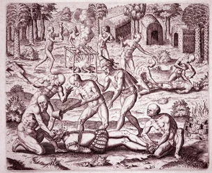 História da América: descrição das torturas infligidas pelos índios aos colonos espanhóis, derramando ouro em suas bocas e cortando seus membros para comê-los (Gravura