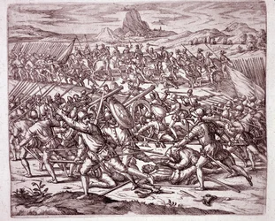 História da América: lutas entre os exércitos de Vaca de Castro e Almagro junior após a morte de Francisco Pizarro e Diego de Almagro (Gravura