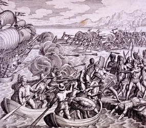 Como os espanhóis desembarcaram na ilha do Haiti, com 400 homens que levaram a uma grande batalha com os nativos, ilustração da "Viagem de Vespúcio às Índias Ocidentais"