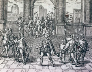 Imperador Inca Atahualpa sendo feito prisioneiro por espanhóis em Cajamarca, Peru, gravura de História Americana de Theodore de Bry (1528-1598), Frankfurt