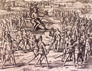 O imperador inca Atahualpa derrotado pelas tropas espanholas de Francisco Pizarro (1475-cerca de 1541), Peru, gravura de História Americana de Theodore de Bry (1528-1598), Frankfurt