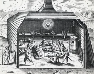 Interior da casa de inverno de William Barents (ca. 1550-1597) no arquipélago russo de Novaya Zemlya, por Theodor de Bry (1528-1598), gravura