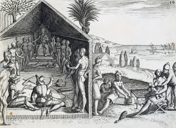 Rei recebendo visitantes europeus, Cabo López, Gabão, gravura da Índia orientalis por Theodor de Bry (1528-1598), África