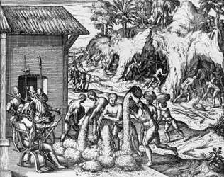 Mineração para minerais na América Central e do Sul, gravura de Americae pars V, de Theodor de Bry (1561-1623)
