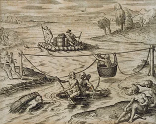 Índios nativos americanos que descem o rio Rapids, por Theodore de Bry