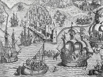 Batalha naval, gravura da História americana de Theodore de Bry (1528-1598), Frankfurt