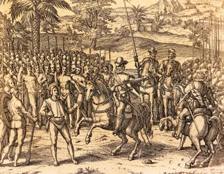 Pizarro sendo bem recebido pelos Nativos, Ilustração da História Americana por Theodore de Bry