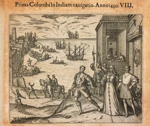 A rainha Isabel e o rei Fernando cumprimentam a partida de Cristóvão Colombo em Palos, Espanha, gravada por Theodor de Bry (1528-1598)