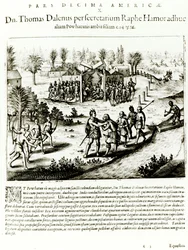 Ralph Hamor visita Powhatan, 1619 (gravura) (foto bw)