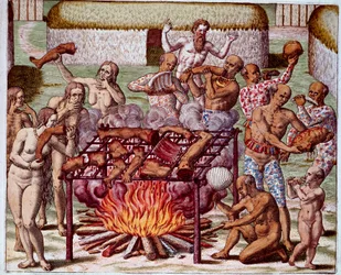 Cena de Canibalismo no Brasil Índios devoraram seus inimigos e prisioneiros. Gravura de "Admirante Narratio Americae" de Theodore de Bry (1528-1598)