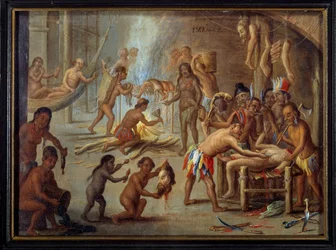 Cena de canibalismo no Brasil em 1644. Os índios devoravam os seus inimigos e prisioneiros. Pintura de Jan van Kessel, dito o Velho (1626-1679), escola flamenga, a partir de uma ilustração das viagens de Théodore de Bry ao Brasil. A. 0,18 x 0,24 m. Museu