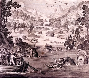 Sir Walter Raleigh: A Descoberta do Grande, Rico e Belo Império da Guiana, de "Newe Weld un Americanische Historien", de Johann Ludwig Gottfried, 1631