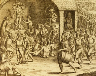 Rito religioso indígena sul-americano, gravura de Historia americae, de Theodor de Bry (1528-1598), Frankfurt