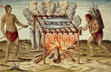 Indígenas taínos a cozinhar peixe, gravura a cores de Theodor de Bry (1528-1598) a partir de uma pintura de John White, de Brief and true report of new found land of Virginia