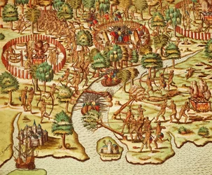 Técnicas de cerco e ataque, gravadas por Theodor de Bry (1528-1598), de Americae tertia pars