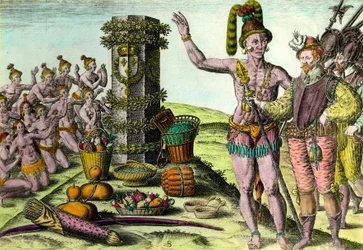Os Floridians vieram a coluna erigida pelo navegador francês Jean Ribault (1520-1565) da primeira expedição à Florida Gravura da "História da América" por Theodore De Bry (1528-1598) Coleção Privada do século XVI