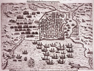 A frota Francis Drake ocupa a ilha de Santo Domingo (Gravura