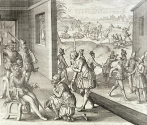A captura espanhola Fort Caroline, 1565, de "O Novo Mundo e História Americana", de Johann Ludwig Gottfried, publicado por Mattaeus Merian, Frankfurt, 1631