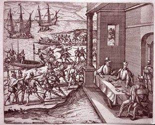 Os conquistadores espanhóis Francisco Pizarro, Diego de Almagro e Hernando de Luque uniram forças para conquistar o Peru (gravura)