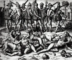 Os cães de Vasco Nunez de Balboa (1475-1571) atacando os índios