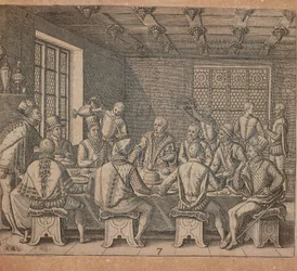 O ovo de Colombo, gravura de Theodor de Bry (1528-1598) de Americae pars quarta, sive, Insignis et admiranda historia de reperta primum Occidentali Índia Christophoro Columbo, de Girolamo Benzoni