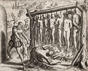 Treze vítimas enforcadas e queimadas, representação dos crimes infligidos aos índios por colonos espanhóis, de «Narratio regionum indicarum per Hispanos quosdam devastatarum verissima», de Bartolomé de las Casas