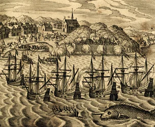 Vista do porto de Acapulco no México, gravura de Historia Americae, de Theodor de Bry (1528-1598), Frankfurt