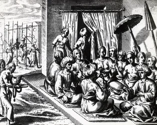 Cerimônia de casamento em Bantam, Ilha Java, por Theodor de Bry (1528-1598). gravura