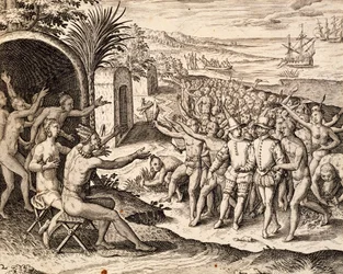 Acolhimento holandês, gravura da obra India orientalis, de Theodor de Bry (1528-1598), Indonésia