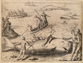 Baleeira perto de Spitsbergen, gravura de Theodor de Bry (1528-1598) da Índia Orientalis (Índia Oriental)