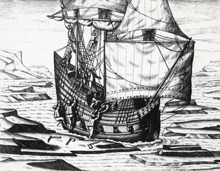 Navio de William Barents (ca. 1550-1597) durante terceira expedição holandesa em busca da Passagem do Nordeste, por Theodor de Bry (1528-1598), gravando