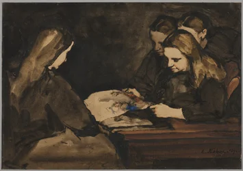 Quatro meninas estudando um desenho