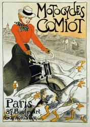 Cartaz publicitário para motocicletas Comiot. Uma jovem mulher em rolos de ciclomotores entre um grupo de gansos. Cartaz de Theophile Alexandre Steinlen (1859-1923). 1899. Paris, artes decorativas.
