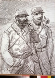 Primeira Guerra Mundial: "Os Cabeludos em 1915", soldados franceses. Desenho de Theophile Alexandre Steinlen (1859-1923)