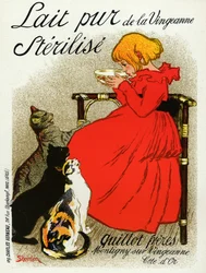 Alimentos e Bebidas. Leite Vingeanne. Rapariguinha com gatos. Cartaz de Steinlen, França, c.1890 (cartaz)
